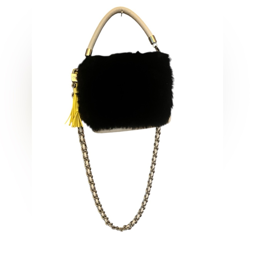 Faux Fur Black White Crossbody O Bag with Chain hardware and tassel key chain